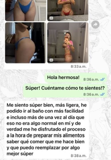 Captura de WhatsApp con el antes y después de una participante y su mensaje.