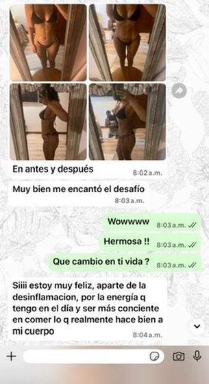Captura de WhatsApp con el antes y después de una participante.