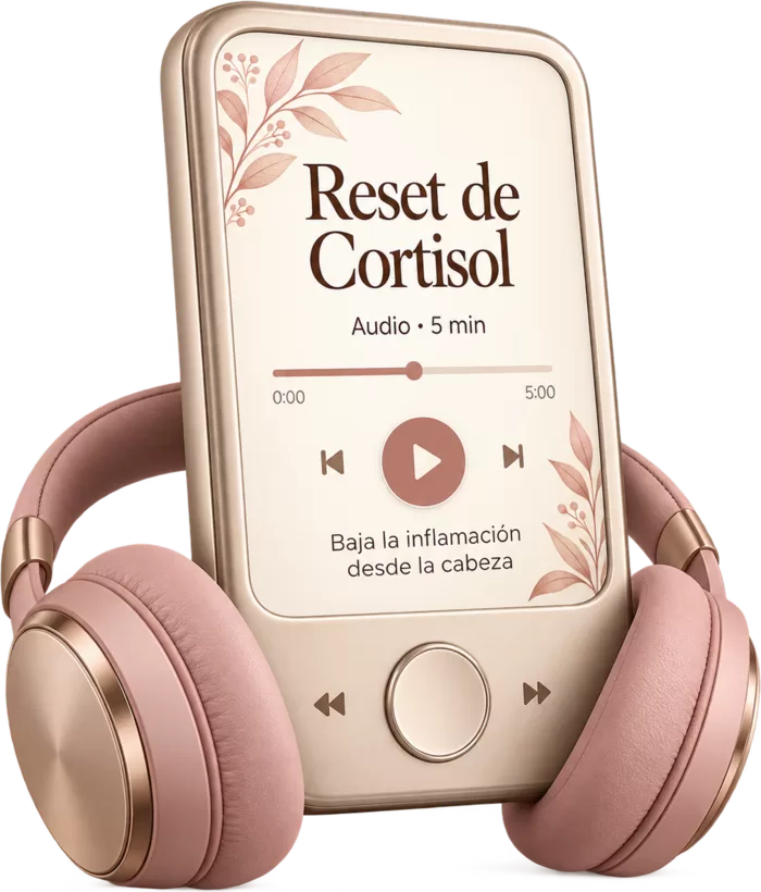 Reproductor con audífonos mostrando el audio "Reset de Cortisol", de 5 minutos.