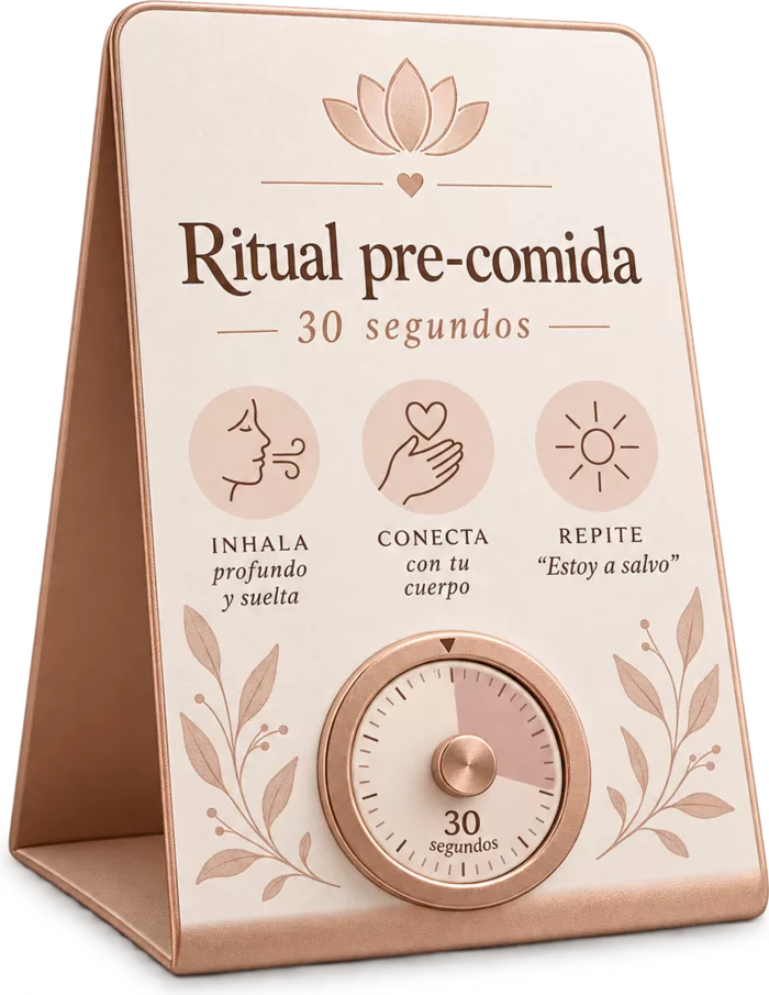 Tarjeta de escritorio con el ritual pre comida en tres pasos: inhala profundo y suelta, conecta con tu cuerpo y repite "estoy a salvo", con un temporizador de 30 segundos.