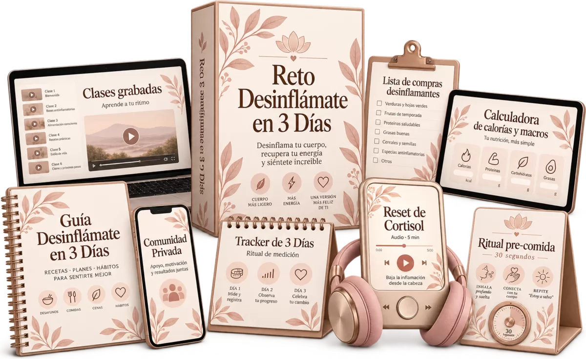 El paquete completo del reto: la caja de la guía Desinflámate en 3 Días, las clases grabadas, la lista de compras, la calculadora de calorías y macros, el tracker de 3 días, la comunidad privada y los dos bonos.